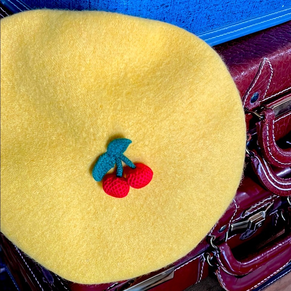 Yellow and Red Beret Hat with Cherry Accents